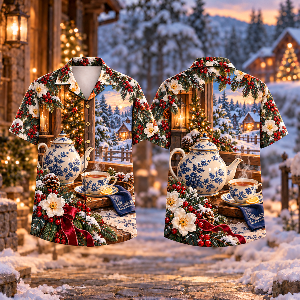 Digital mockup: front and back of one AlohaVero Christmas Winter Tea Ritual Cobalt Ivory Print No Pocket Hawaiian shirt