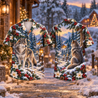 Digital mockup: front and back of one AlohaVero Christmas Wolf Quiet Woodland Watch Print No Pocket Hawaiian shirt
