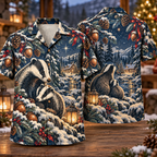 Digital mockup: front and back of one AlohaVero Christmas Woodblock Badger Woodland Lantern Indigo Copper Cream No Pocket Hawaiian shirt
