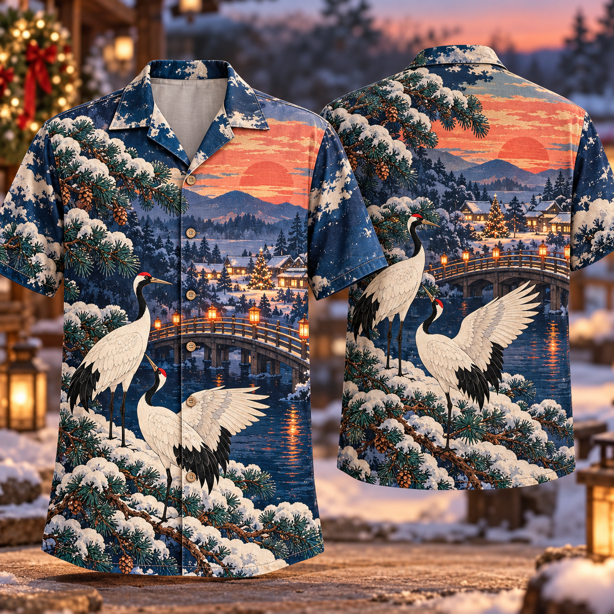 Digital mockup: front and back of one AlohaVero Christmas Woodblock Cranes Snowy Pine Lantern Bridge Indigo Coral No Pocket Hawaiian shirt