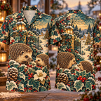 Digital mockup: front and back of one AlohaVero Christmas Woodblock Hedgehog Winter Garden Russet Teal Ivory No Pocket Hawaiian shirt