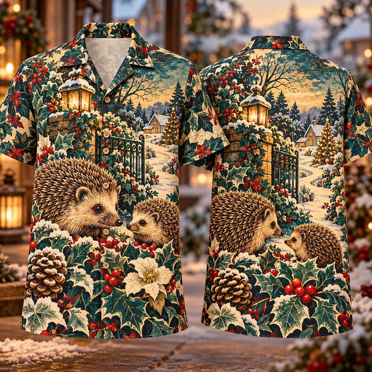 Digital mockup: front and back of one AlohaVero Christmas Woodblock Hedgehog Winter Garden Russet Teal Ivory No Pocket Hawaiian shirt