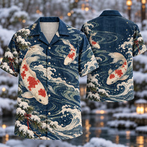 Christmas Woodblock Koi Indigo Winter Ripples Hawaiian Shirt