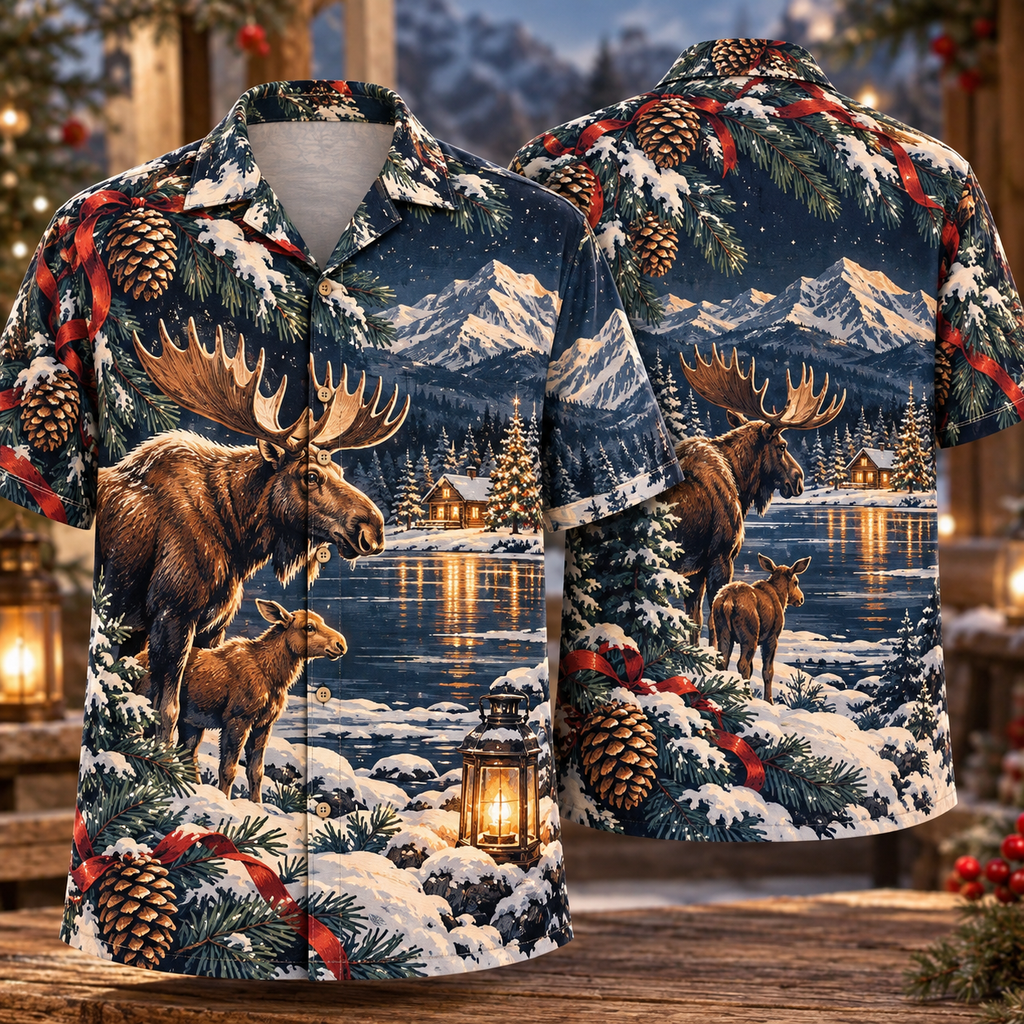 Digital mockup: front and back of one AlohaVero Christmas Woodblock Moose Lantern Lake Copper Navy Ivory No Pocket Hawaiian shirt