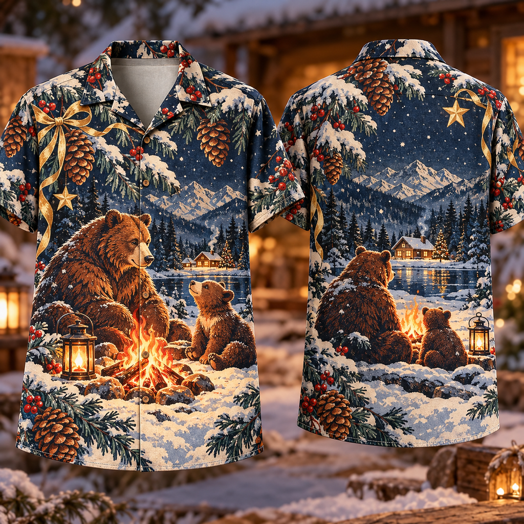 Digital mockup: front and back of one AlohaVero Christmas Woodblock Mountain Bear Campfire Rust Indigo Cream No Pocket Hawaiian shirt