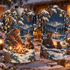 Digital mockup: front and back of one AlohaVero Christmas Woodblock Mountain Bear Campfire Rust Indigo Cream No Pocket Hawaiian shirt