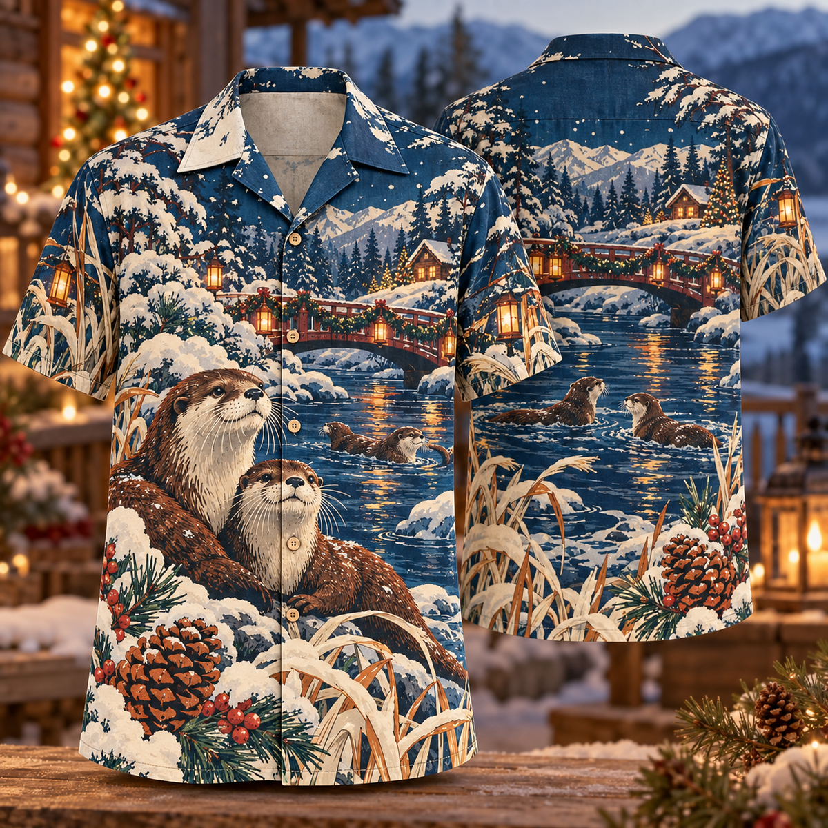 Digital mockup: front and back of one AlohaVero Christmas Woodblock Otter Snowy River Indigo Rust Ivory No Pocket Hawaiian shirt