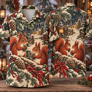 Christmas Woodblock Red Squirrel Woodland Russet Pine Ivory Hawaiian Shirt