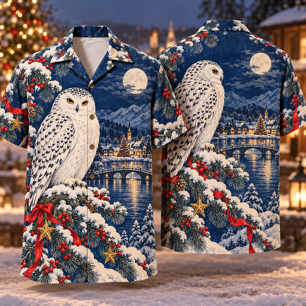 Digital mockup: front and back of one AlohaVero Christmas Woodblock Snowy Owl Pine Lake Indigo Scarlet Ivory No Pocket Hawaiian shirt
