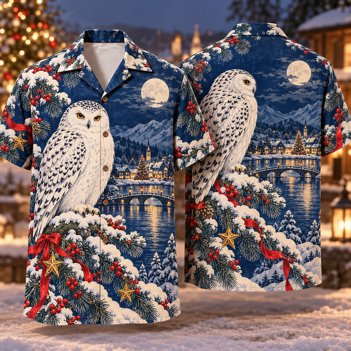 Digital mockup: front and back of one AlohaVero Christmas Woodblock Snowy Owl Pine Lake Indigo Scarlet Ivory No Pocket Hawaiian shirt