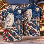 Digital mockup: front and back of one AlohaVero Christmas Woodblock Snowy Owl Pine Lake Indigo Scarlet Ivory No Pocket Hawaiian shirt