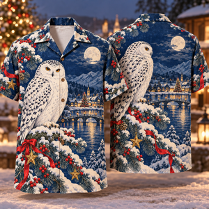 Christmas Woodblock Snowy Owl Pine Lake Indigo Scarlet Ivory Hawaiian Shirt