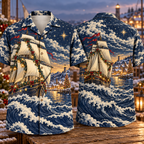 Digital mockup: front and back of one AlohaVero Christmas Woodcut Sailing Ship Winter Harbor Navy Ivory Ochre No Pocket Hawaiian shirt