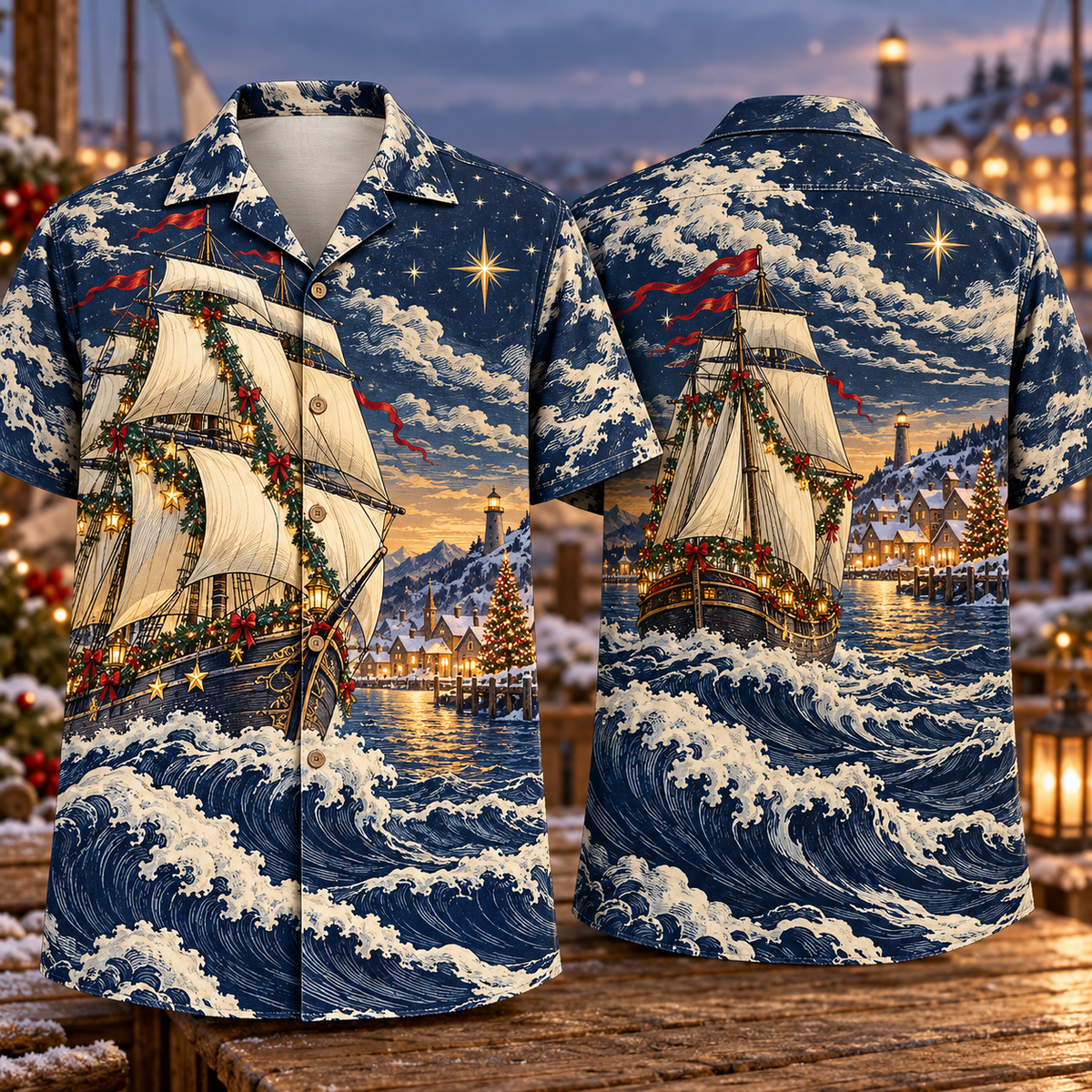 Digital mockup: front and back of one AlohaVero Christmas Woodcut Sailing Ship Winter Harbor Navy Ivory Ochre No Pocket Hawaiian shirt