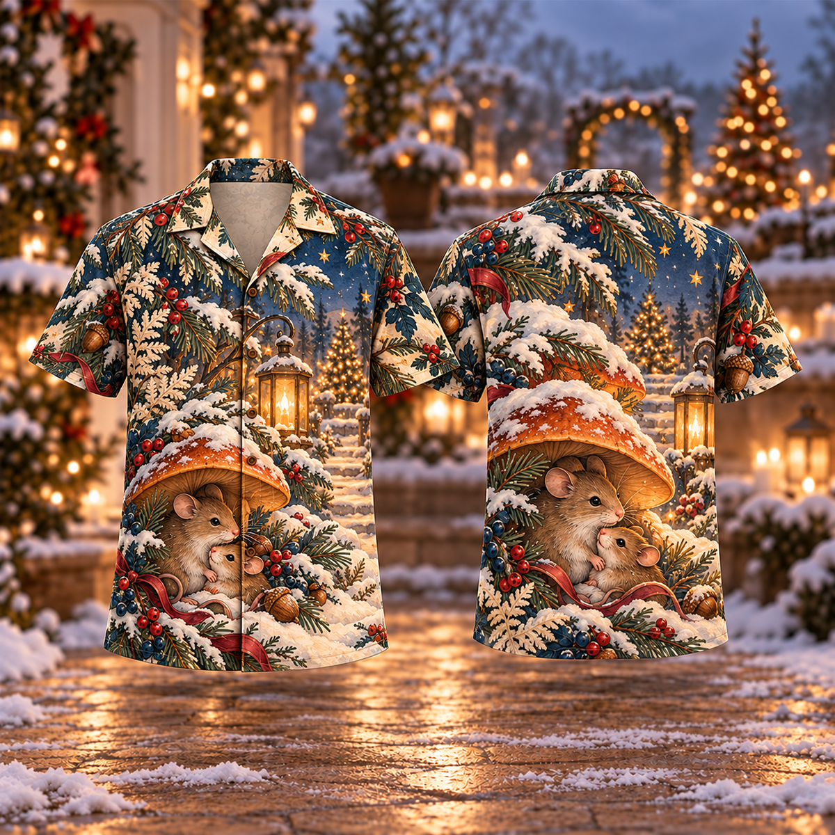 Digital mockup: front and back of one AlohaVero Christmas Woodland Mouse Shelter Taupe Saffron Indigo No Pocket Hawaiian shirt