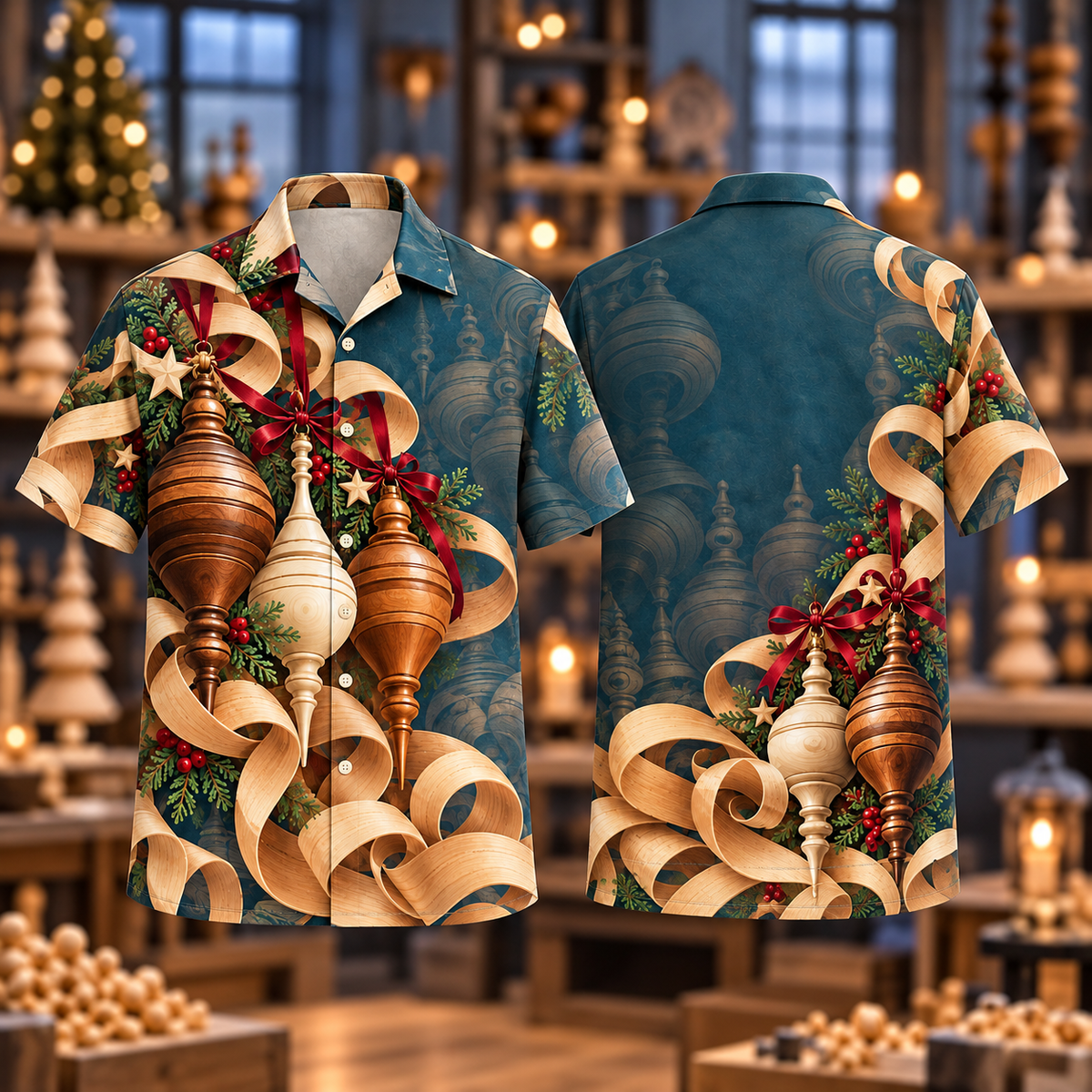 Digital mockup: front and back of one AlohaVero Christmas Woodturning Finial Petrol No Pocket Hawaiian shirt