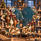Digital mockup: front and back of one AlohaVero Christmas Woodturning Finial Petrol No Pocket Hawaiian shirt