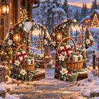 Digital mockup: front and back of one AlohaVero Christmas Woven Gift Basket Print Willow Sage No Pocket Hawaiian shirt
