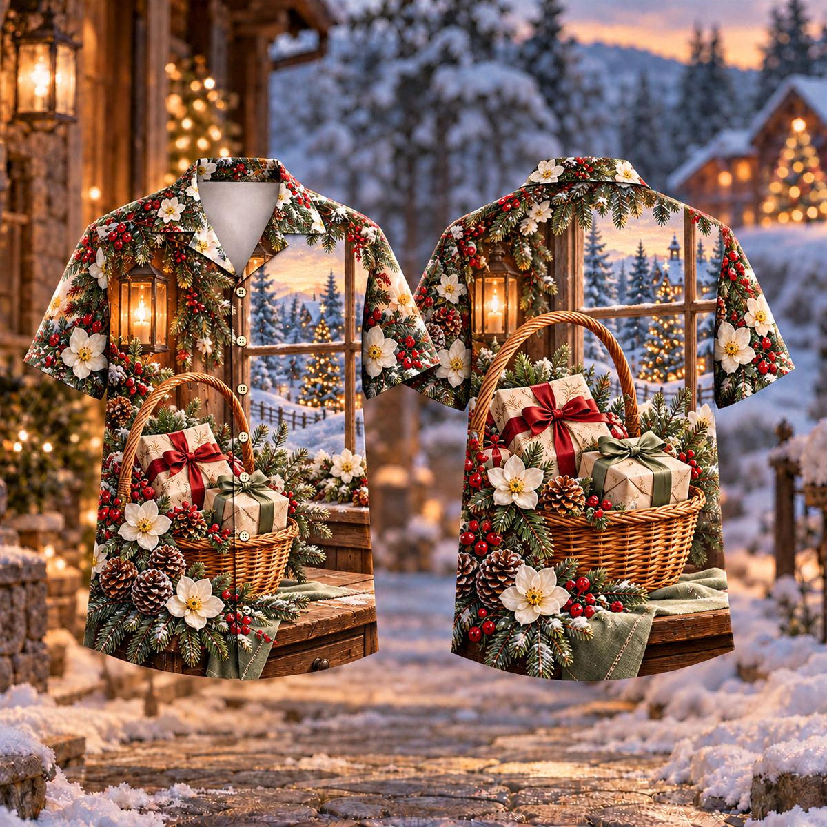Digital mockup: front and back of one AlohaVero Christmas Woven Gift Basket Print Willow Sage No Pocket Hawaiian shirt