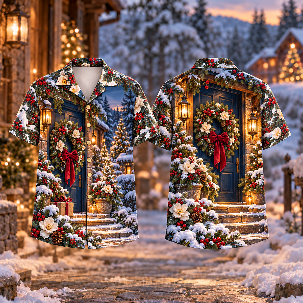 Digital mockup: front and back of one AlohaVero Christmas Wreath Welcome Doorway Midnight Burgundy No Pocket Hawaiian shirt