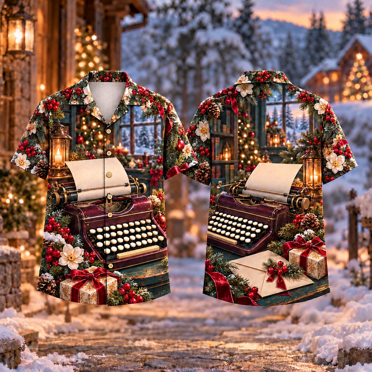 Digital mockup: front and back of one AlohaVero Christmas Writer First Page Print No Pocket Hawaiian shirt