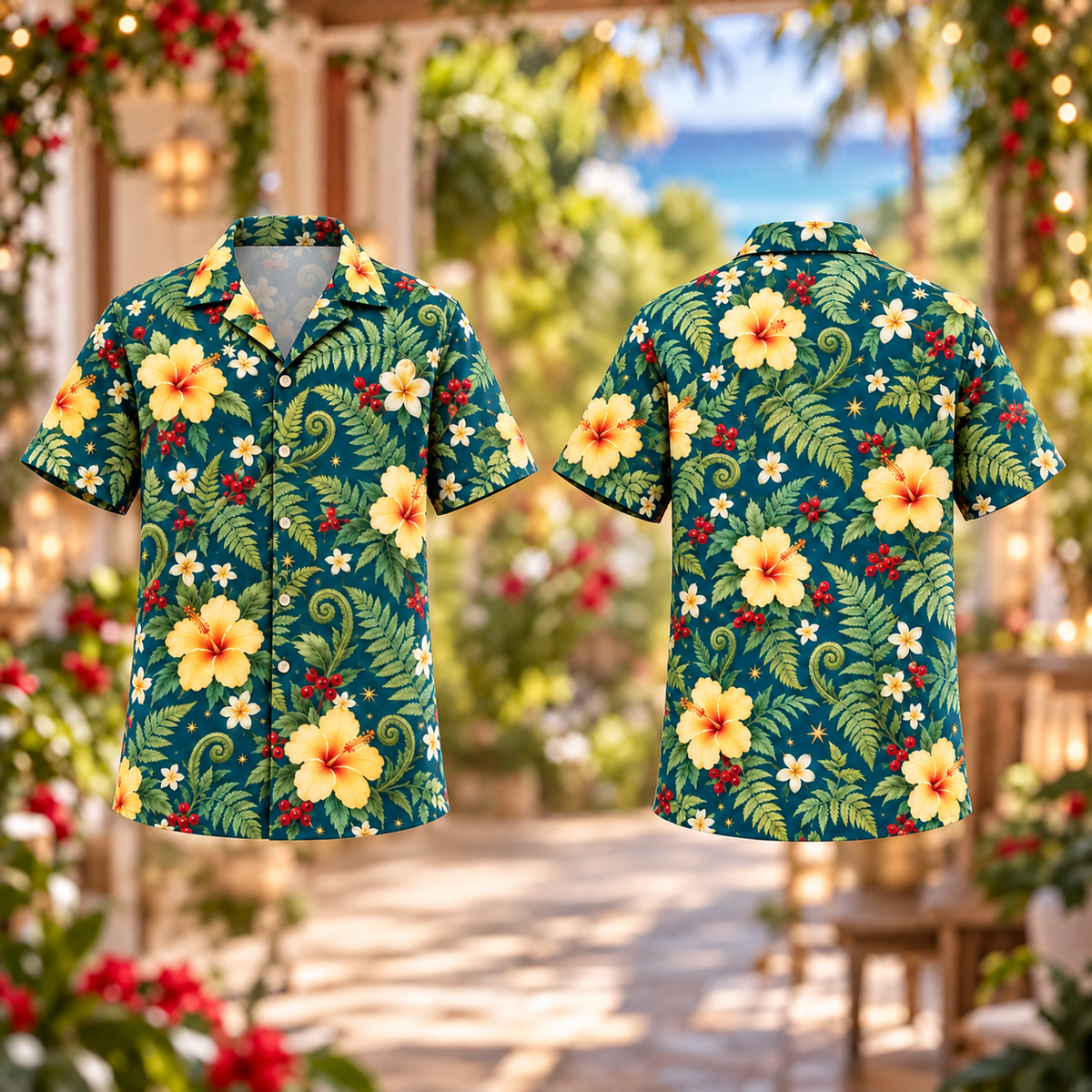 Digital mockup: front and back of one AlohaVero Christmas Yellow Hibiscus Fern Peacock Aloha No Pocket Hawaiian shirt