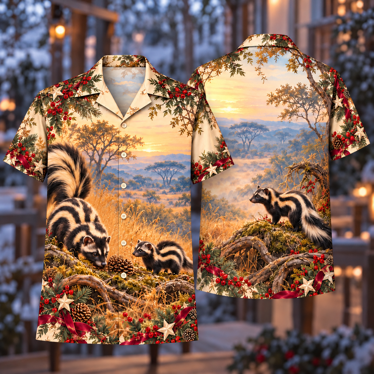 Digital mockup: front and back of one AlohaVero Christmas Zorilla Golden Dawn Family No Pocket Hawaiian shirt