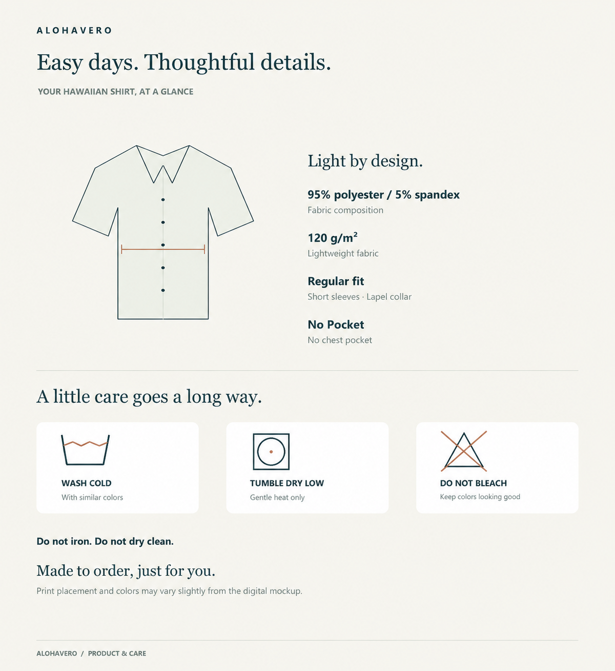 AlohaVero No Pocket Hawaiian shirt product details and care guide