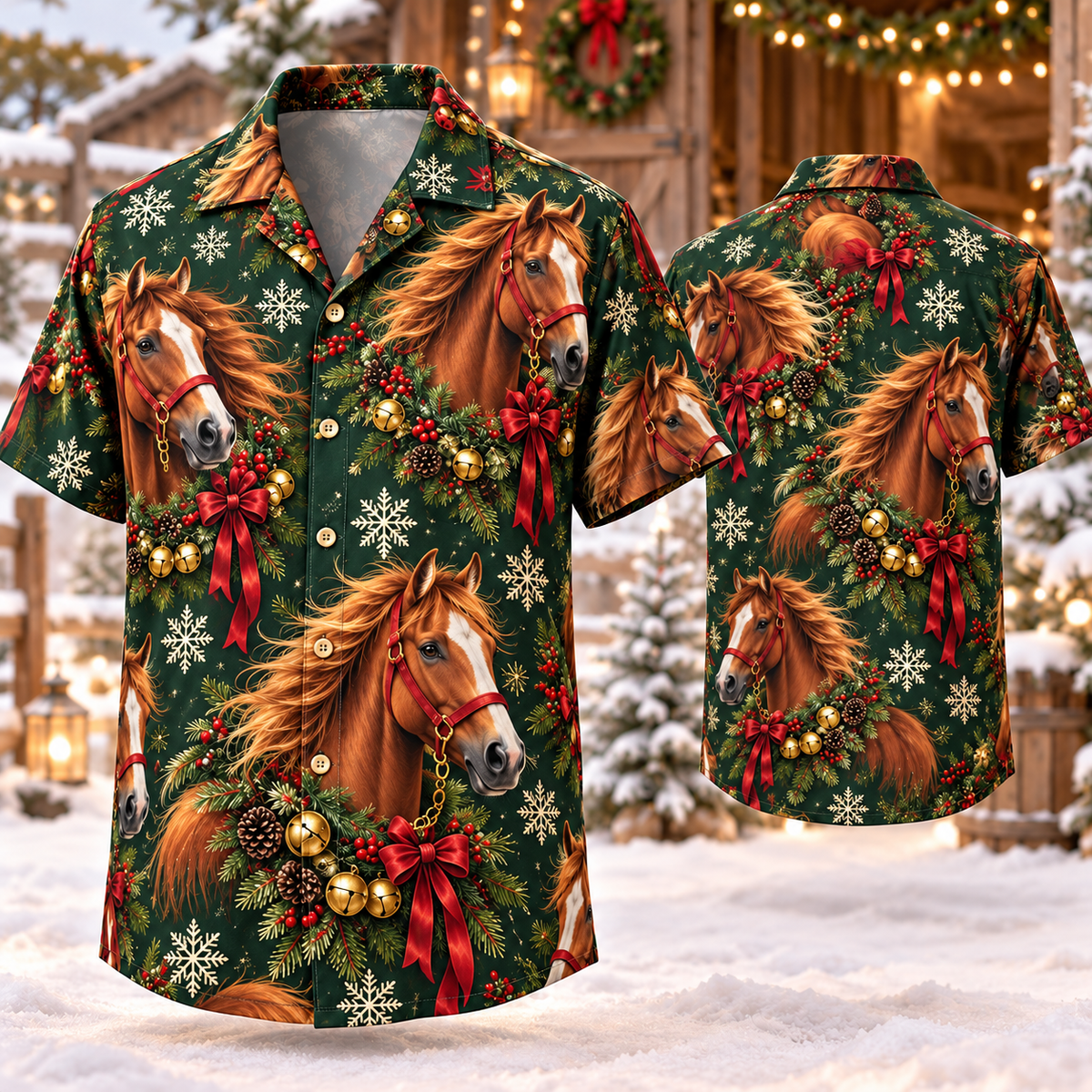 AlohaVero Christmas horses Hawaiian shirt, front and back views