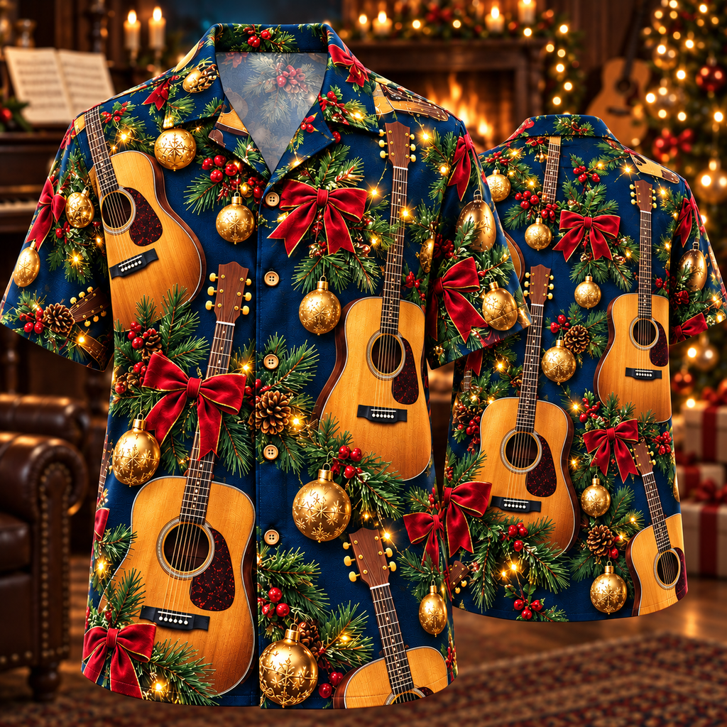 AlohaVero Christmas guitars Hawaiian shirt, front and back views