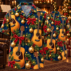 AlohaVero Christmas guitars Hawaiian shirt, front and back views
