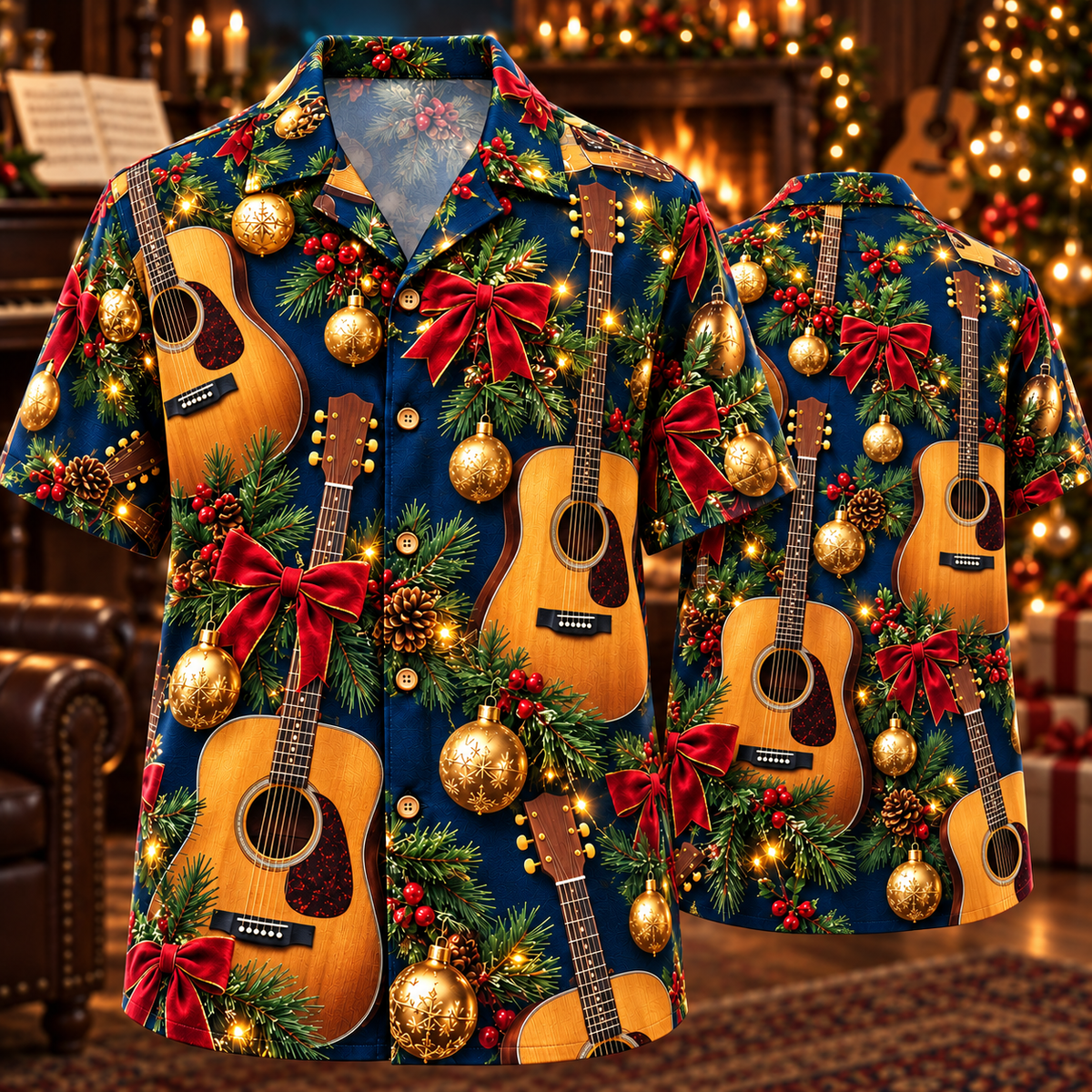AlohaVero Christmas guitars Hawaiian shirt, front and back views