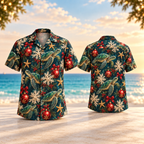 AlohaVero Christmas sea turtles Hawaiian shirt, front and back views