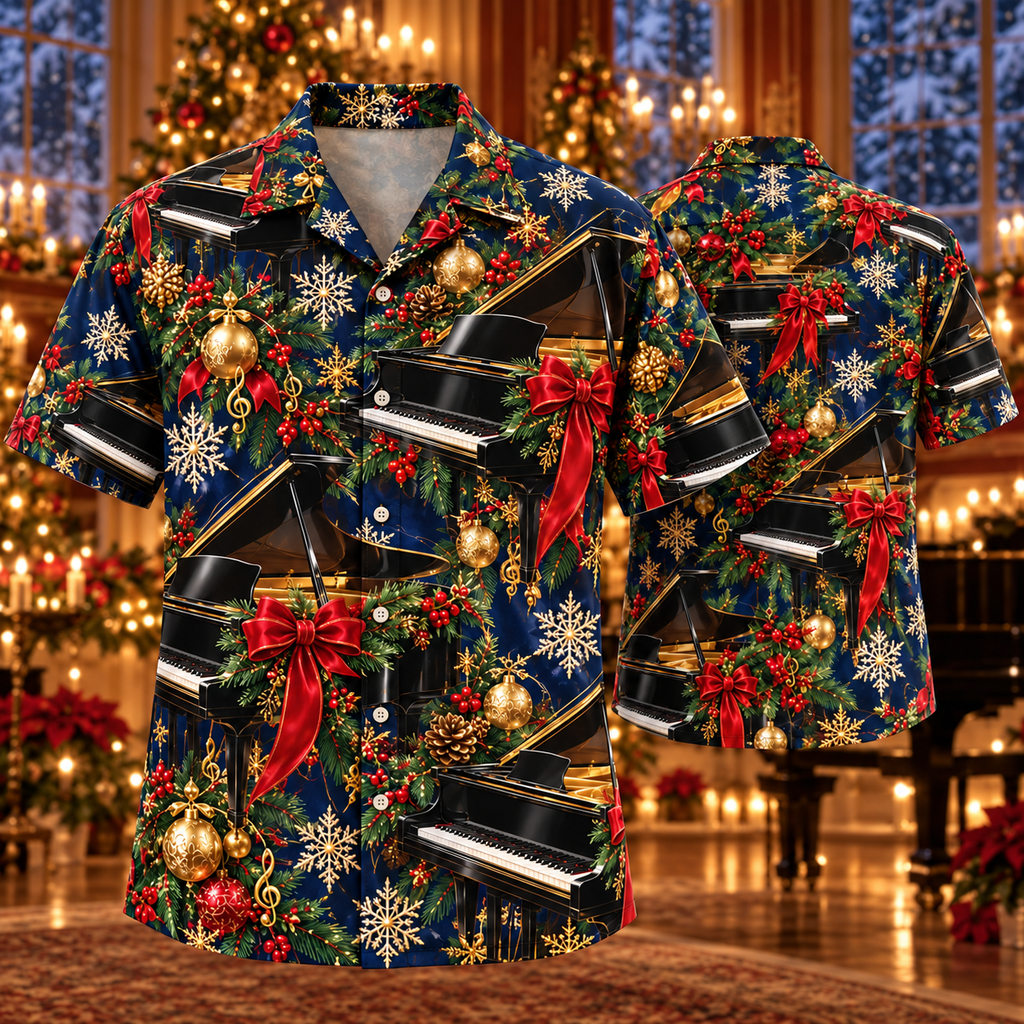 AlohaVero Christmas pianos Hawaiian shirt, front and back views