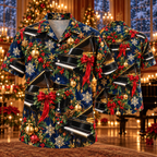 AlohaVero Christmas pianos Hawaiian shirt, front and back views