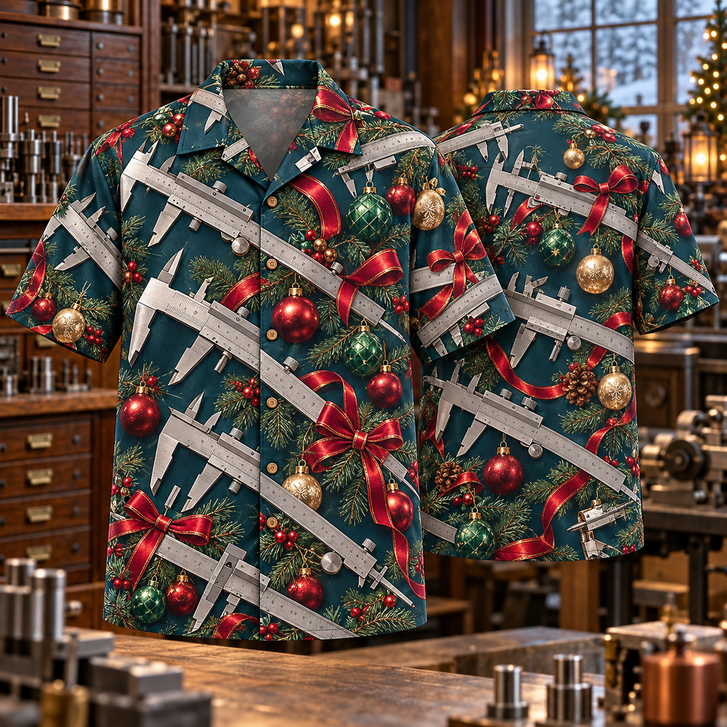 AlohaVero Christmas calipers Hawaiian shirt, front and back views