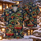 AlohaVero Christmas bonsai Hawaiian shirt, front and back views