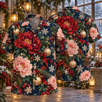 AlohaVero Christmas peonies Hawaiian shirt, front and back views