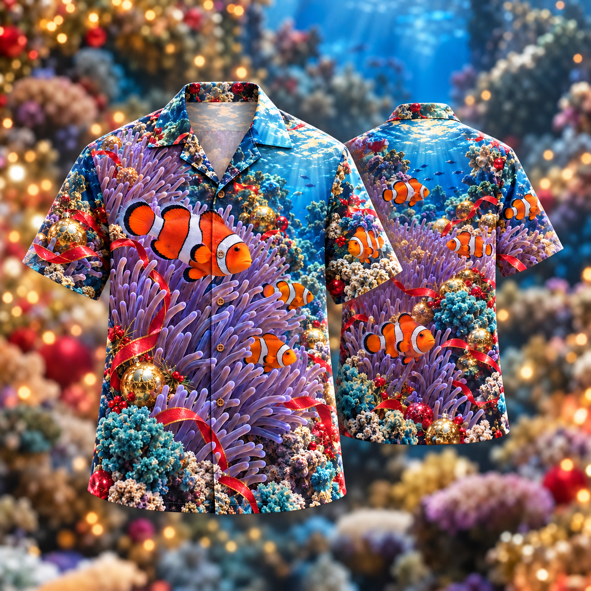 AlohaVero Christmas anemonefish Hawaiian shirt, front and back views