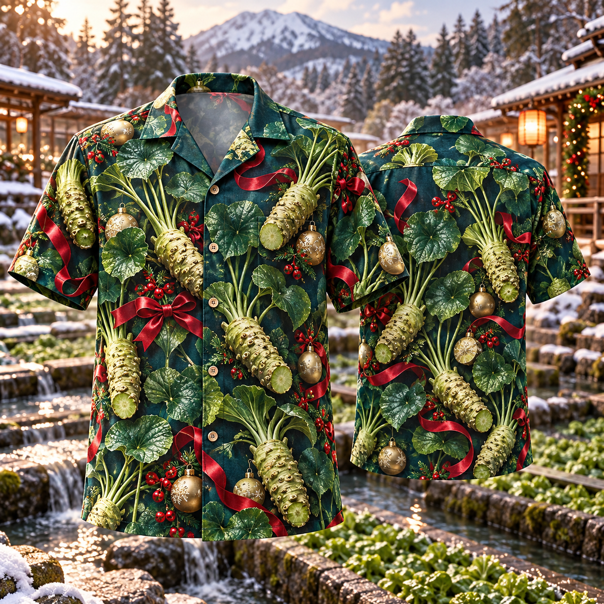 AlohaVero Christmas wasabi Hawaiian shirt, front and back views