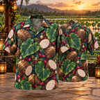AlohaVero Christmas taro Hawaiian shirt, front and back views