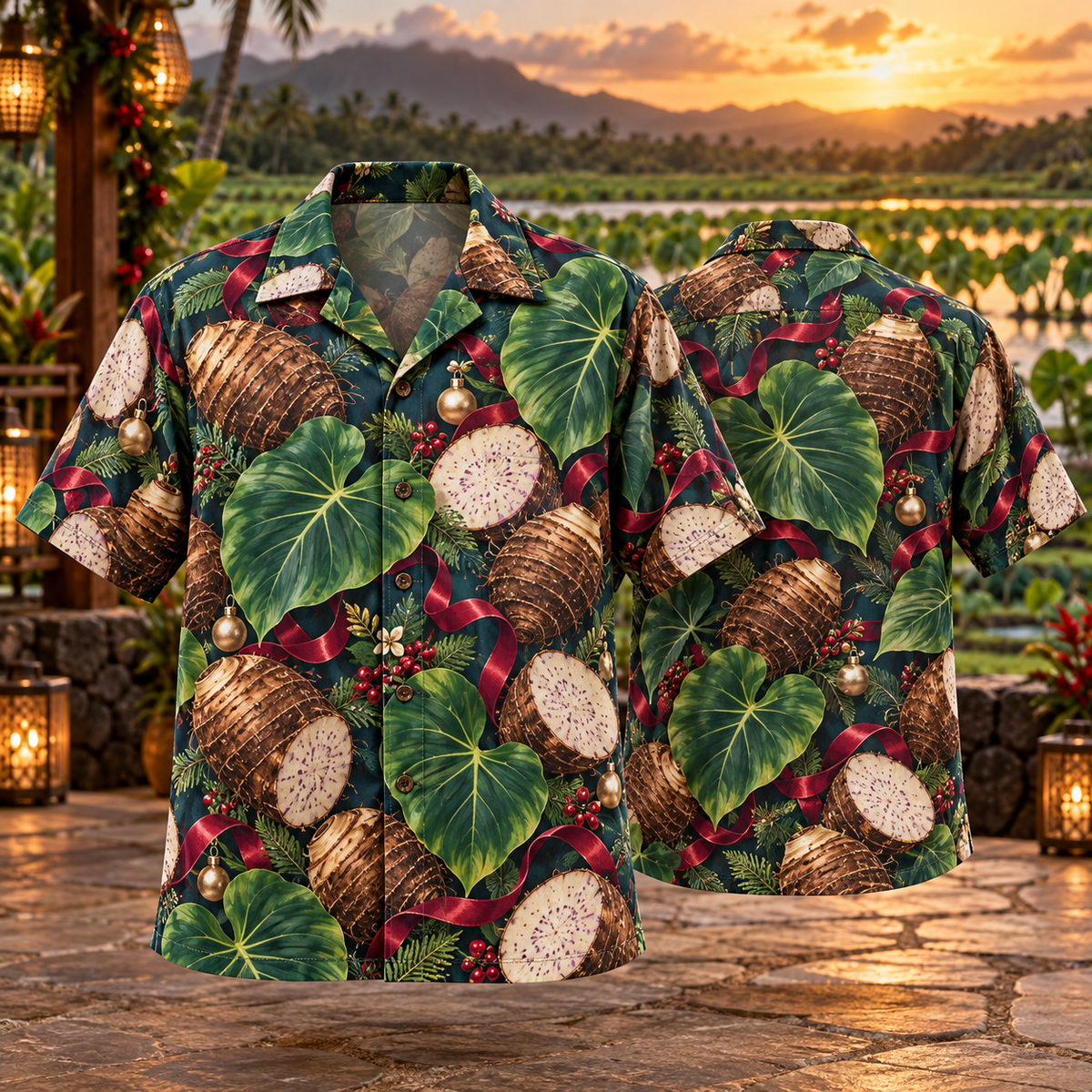 AlohaVero Christmas taro Hawaiian shirt, front and back views