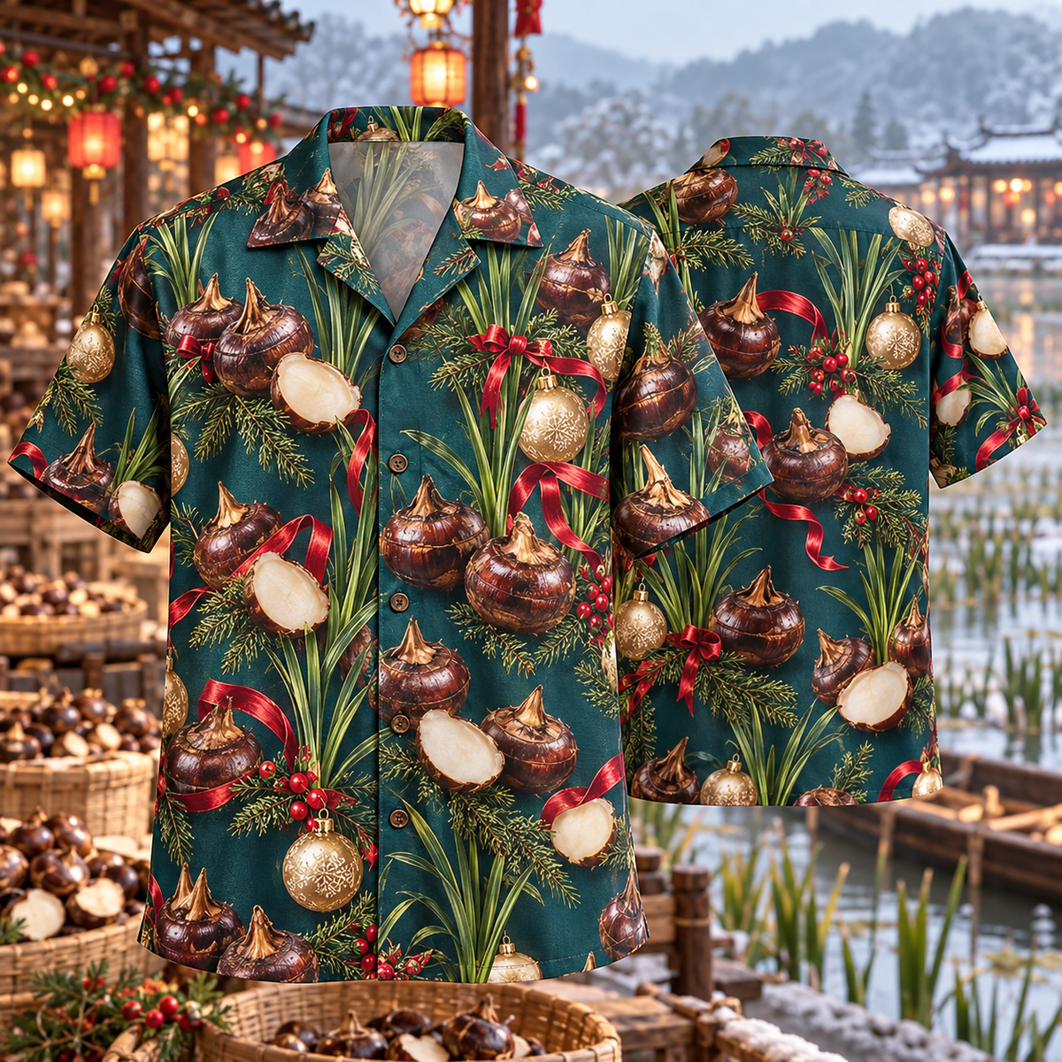 AlohaVero Christmas water chestnuts Hawaiian shirt, front and back views