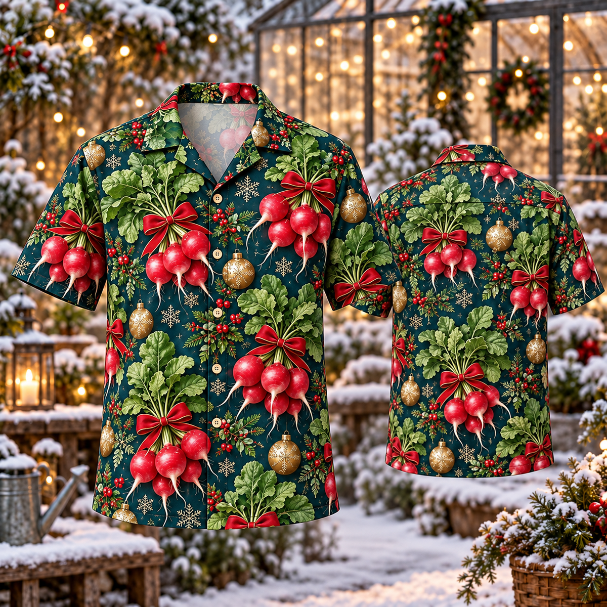AlohaVero Christmas radishes Hawaiian shirt, front and back views