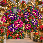 AlohaVero Christmas petunias Hawaiian shirt, front and back views