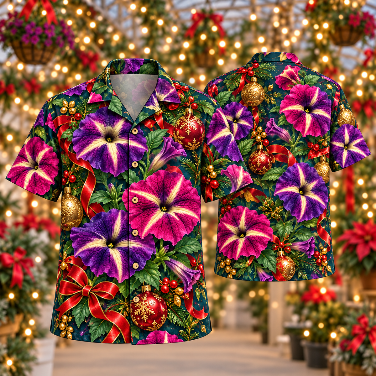 AlohaVero Christmas petunias Hawaiian shirt, front and back views