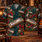 AlohaVero Christmas harmonicas Hawaiian shirt, front and back views