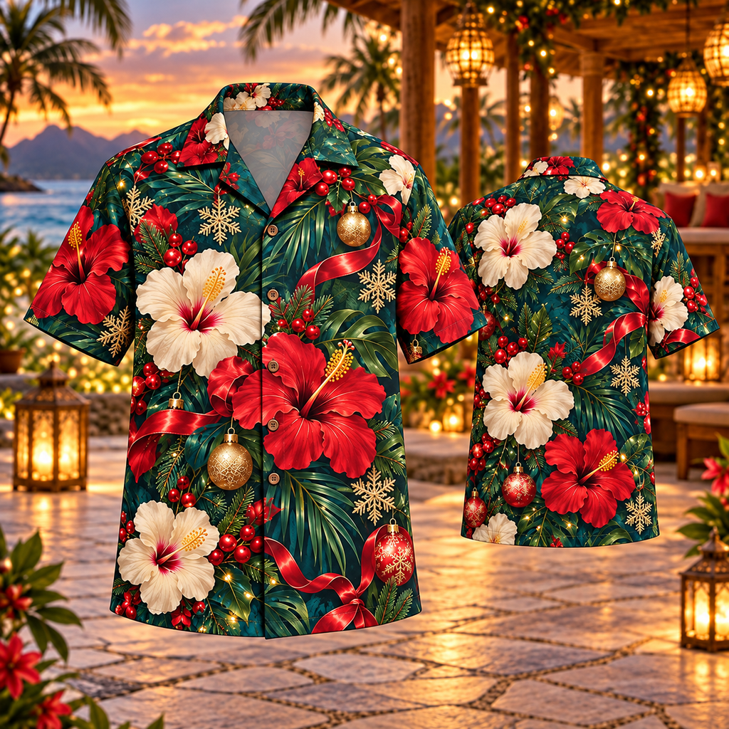 AlohaVero Christmas hibiscus Hawaiian shirt, front and back views