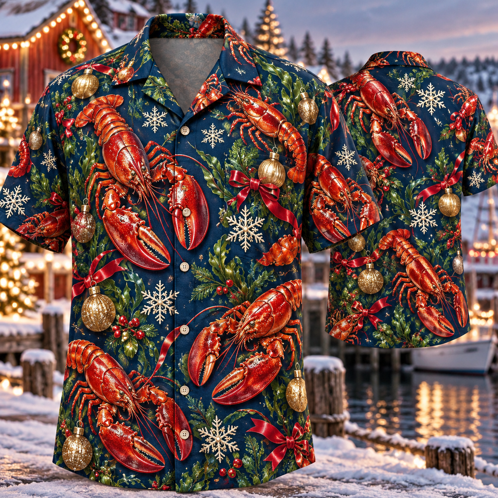 AlohaVero Christmas lobsters Hawaiian shirt, front and back views