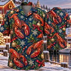 AlohaVero Christmas lobsters Hawaiian shirt, front and back views